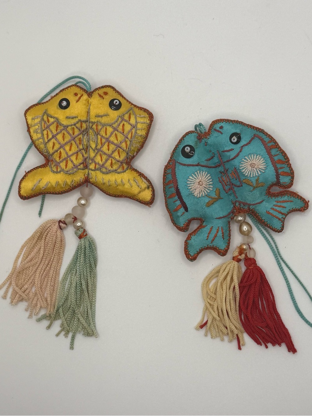 Vintage Asian silk Fish Tassel ORNAMENTS Pair Koi Goldfish Embroidered Decor